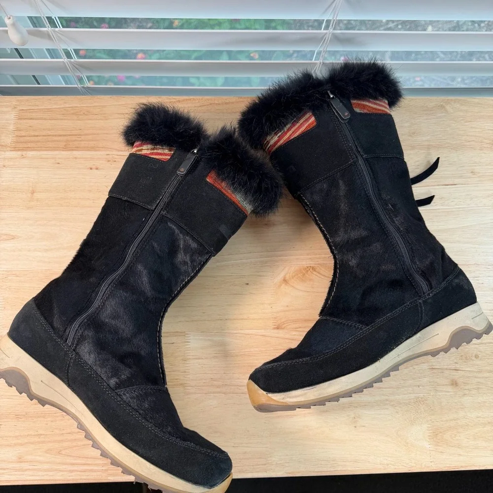 Tecnica Winter Snow Boots Women's Black Fur Trim Striped Side Zip Outdoor - 8.5